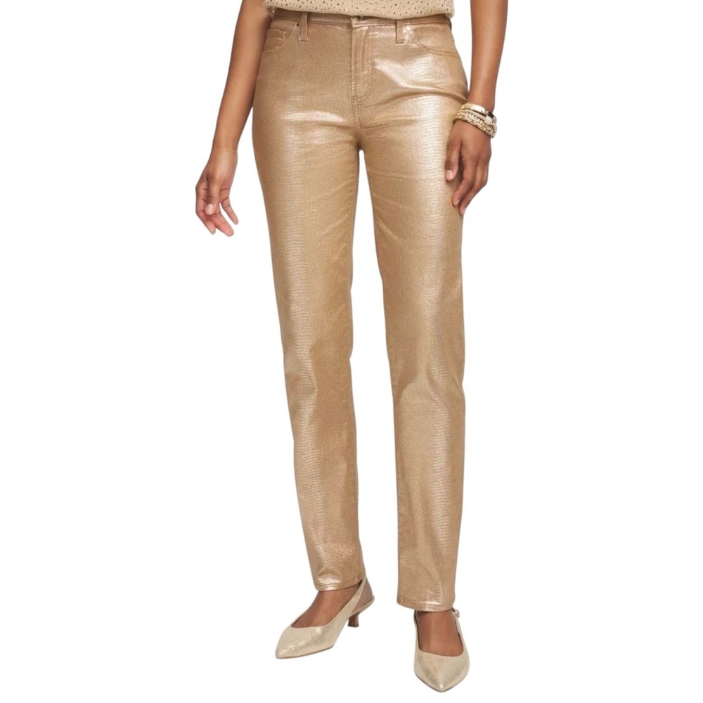 Chico’s So Slimming Girlfriend Coated Alligator Ankle Jeans NWT 10R MetallicGold
